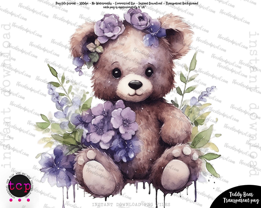 Watercolor Teddy Bear Purple Floral, Instant Download Commercial Use