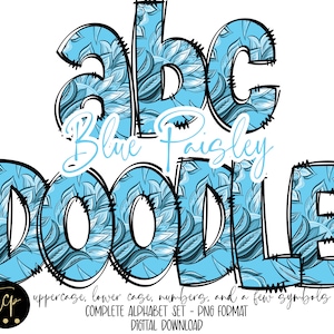 Digitale download | Doodle blauwe paisley bandana opvulling | PNG-clipartbundel alfabetpakket | Letters en cijfers