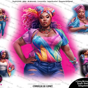 May include: Digital clipart of five curvy women in colourful outfits. The illustrations are set against a pink backdrop, with text reading "5 Curvy Women of Color" and "Commercial Use Clipart". The women are depicted in various poses, showcasing diverse styles.