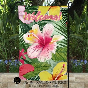 Tropical Flowers Welcome Garden Flag Digital Design Download | Yard Flag PNG | Design for Sublimation | Patio Decor | PNG Format