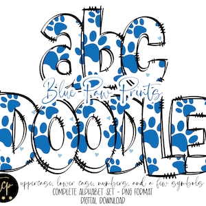 Blue Paw Print Doodle Letters PNG Alphabet Bundle, paquete alfa dibujado a mano, alfabeto de sublimación de descarga digital, DTF imprimible, patas azules
