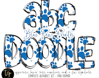 Blue Paw Print Doodle Letters PNG Alphabet Bundle, Hand Drawn Alpha Pack, Digital Download Sublimation Alphabet, DTF Printable, Blue paws