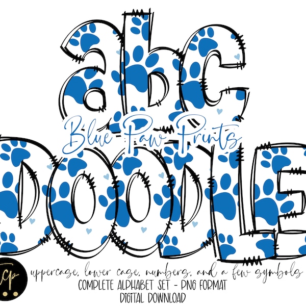 Blue Paw Print Doodle Letters PNG Alphabet Bundle, Hand Drawn Alpha Pack, Digital Download Sublimation Alphabet, DTF Printable, Blue paws