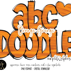Pacote de alfabeto PNG de letras Doodle laranja, alfabeto desenhado à mão, alfabeto PNG de sublimação digital, DTF imprimível, alfabeto laranja grunge