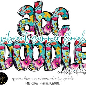 Bright Summer floral Alphabet Hand Drawn Doodle Alpha Pack, Digital Sublimation, DTF Printable, hand drawn doodle alphabet, floral letters