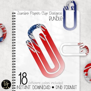 Jumbo Big Paper Clip Design Bundle (18), Paperclips, Digital Download Sublimation File pngs, Christmas Glitter,  Red White and Blue, Digital