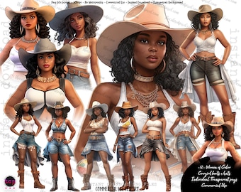 Black Woman clipart, Cowgirl Boots and hats clipart, Black women clipart, Women of Color Cowboy boots, curvy girl summer cowgirl fashion v1