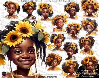 Sunflower Black Girl Clipart: Floral Girls PNG (Digital Download)