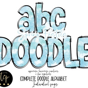 Doodle Letters PNG Alphabet Bundle, Handgezeichnetes Alpha Pack, digitaler Download Sublimationsalphabet PNG, DTF Printable, Frühlingsblau