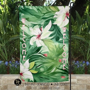 Tropical Flowers Welcome Garden Flag Digital Design Download | Yard Flag PNG | Design for Sublimation | Patio Decor | PNG Format