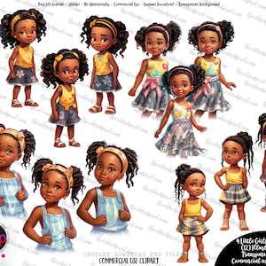 Imágenes prediseñadas de niña negra, imágenes prediseñadas de niña negra linda, paquete de imágenes prediseñadas PNG, vibraciones de verano, niña negra de dibujos animados, uso comercial - 4 niñas
