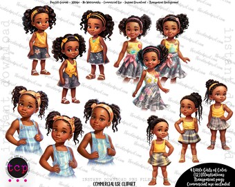 Liten svart flicka Clipart, söt svart flicka clipart, PNG Clipart Bundle, sommarvibbar, tecknad liten svart flicka, kommersiellt bruk - 4 flickor