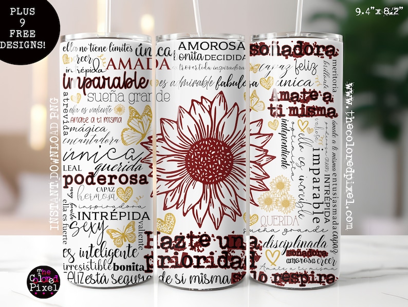 May include: A white tumbler with a red and gold sunflower design. The tumbler is decorated with Spanish words, including "Amorosa", "Soiladora", "Inparable", and "Querida". The tumbler is 9.4 inches tall and 8.2 inches wide.