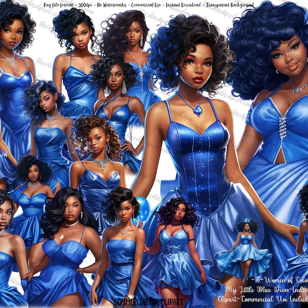 Black Woman clipart, royal blue dress clipart, Black girl teenager clipart, Women of Color clipart for Planners Stickers, updated 81123
