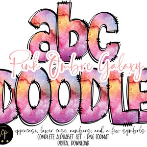 Pink Galaxy Doodle Letters PNG Alphabet Bundle, Hand Drawn Alpha Pack, Digital Download Sublimation Alphabet, DTF Printable, Pink Ombre