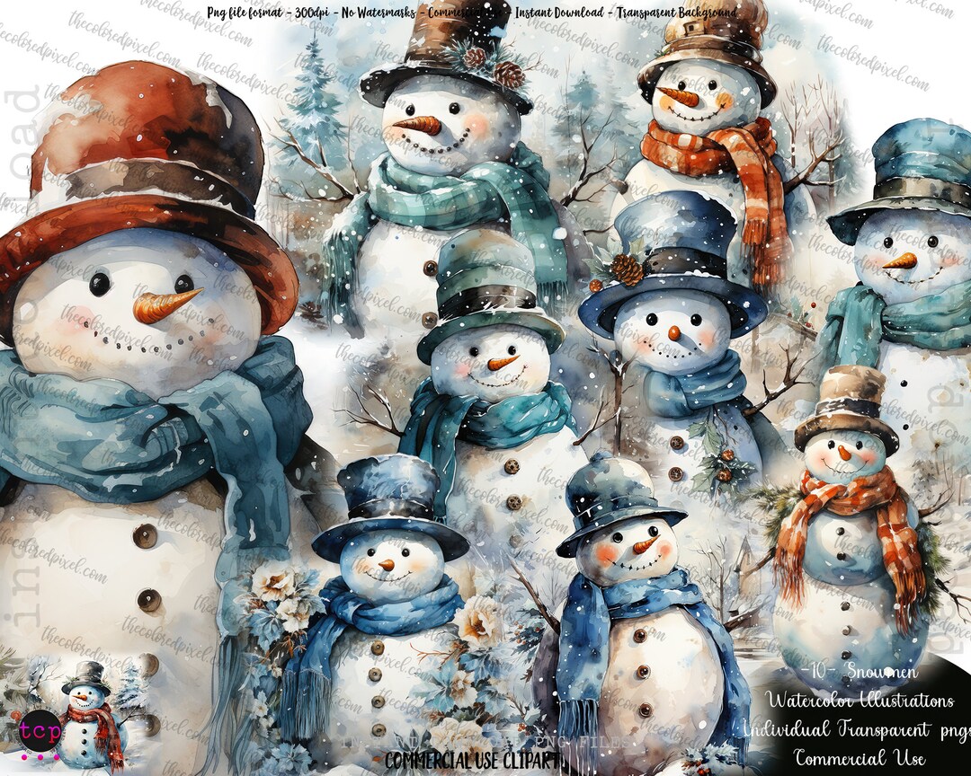 Snowman Watercolor Clipart, Cute Christmas Clipart, Snowman Clipart ...