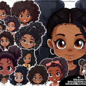Little Black Girl png Clipart, Cute Cartoon afro Black Girls PNG Clipart Bundle, sticker style Little black girls, commercial use included