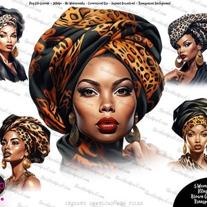 Black Woman Headwrap clipart, sublimation download, Afrocentric, Women of Color clipart, clipart Planner Sticker, Cheetah Print gold brown