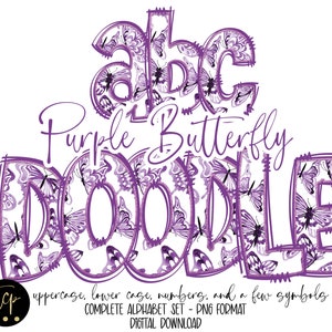 Paquete de alfabeto PNG de letras Doodle de mariposa púrpura, paquete alfa dibujado a mano, alfabeto de sublimación de descarga digital PNG, DTF imprimible