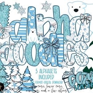 Puede incluir: Un diseño digital con las palabras "alpha doodles" en una fuente caprichosa, con un tema invernal. El diseño incluye copos de nieve, osos polares y lazos en tonos de azul y blanco. El texto de la imagen dice "5 Alphabets Included" y "Cozy Season".