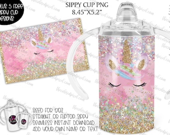 Unicorn 12oz kids sippy cup png, 12oz. Fliptop, 8.45&quot;x5.2&quot; sippy cup png, Unicorn Sparkles, Pink Gold, Instant Download