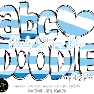Chunky Blue Stripes Doodle Letters PNG Alphabet Bundle, Hand Drawn Alpha Pack, Digital Download Sublimation Alphabet PNG, DTF Printable
