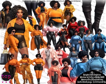 May include: A digital illustration set of 26 diverse women in various fall fashion outfits. The women are wearing a variety of colors, including orange, blue, red, and black. The illustrations are in a watercolor style and are perfect for use in digital scrapbooking, card making, and other creative projects.