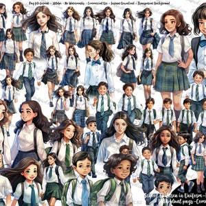 Zurück zu Schulkinder in Uniform, niedlichen Cartoon zurück zu Schule Clipart, Kinder in Schuluniform, zurück zu Schulkindern blau grün (38)