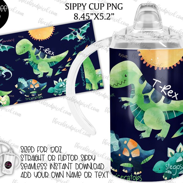 12oz kids sippy cup png, Dinosaur sippy cup png 8.45"x5.2" Boy's Sippy, Dinosaur PNG, boys sippy digital png, blue black and white included