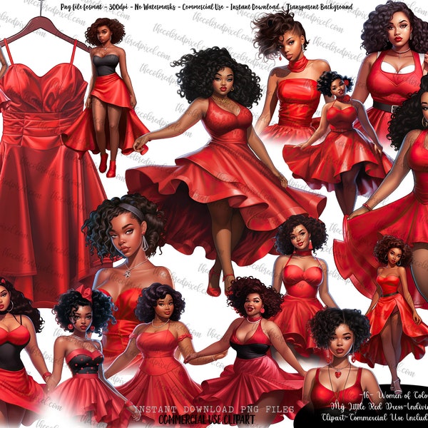 Black Woman clipart, sublimation download, Women of color girl clipart, clipart for for curvy girls, red dress clipart, plus size clipart