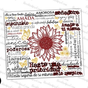 May include: A white background with a red sunflower in the center. The sunflower is surrounded by gold glitter butterflies and hearts. The background is filled with words in red and gold glitter, including "Amate a ti misma", "unica", "poderosa", "intr&eacute;pida", "inteligente", "bonita", "prioridad", "querida", "so&ntilde;adora", "imparable", "amada", "fabulosa", and "hazta una".