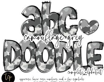Camo Doodle Letters PNG Alphabet, Hand Drawn Alpha Pack, Digital Sublimation, DTF Printable, Hunting alphabet, Camouflage grey