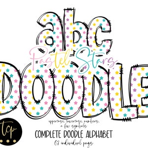 Paquete de alfabeto PNG de letras doodle, paquete alfa dibujado a mano, alfabeto de sublimación de descarga digital PNG, DTF imprimible, alfabeto de estrellas pastel