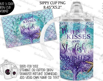 12oz kids sippy cup png, Mermaid Kisses Starfish Wishes, sippy cup png, 8.45&quot;x5.2&quot;, mermaid sippy cup png