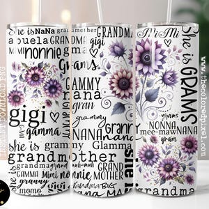 Vaso de 20 oz para abuela, PNG, Mimi Nana Grams Abuela, Día de la Madre, sublimación digital, PNG, morado, verde azulado, floral transparente