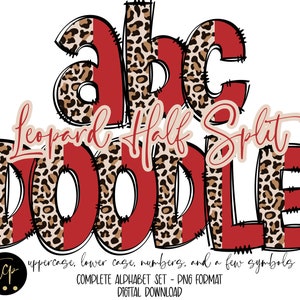 Pacote de alfabeto PNG de letras Doodle, pacote alfa desenhado à mão, download digital de alfabeto de sublimação PNG, DTF imprimível, vermelho leopardo dividido