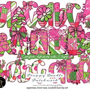 May include: A digital graphic featuring the word "Christmas" in a patchwork style with pink, green, and gold accents. Includes gingerbread men, reindeer, and gift box illustrations. Text reads "Complete alphabets with Clipart" and "Preppy Doodle Patchwork".