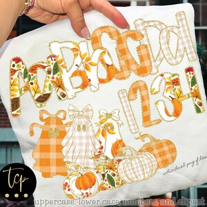 May include: White fabric with the word "Autumn" and the numbers "1234" in orange, fall leaf, and plaid patterns. The design includes ghost figures, pumpkins, and bows. The text "uppercase, lower case, numbers, and clipart" is at the bottom.