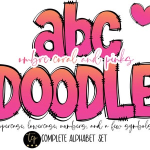 Pacote de alfabeto PNG de letras Doodle, pacote alfa desenhado à mão, download digital de alfabeto de sublimação PNG, DTF para impressão, Coral e Ombre rosa