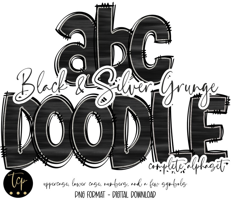 Paquete de alfabeto PNG de letras doodle negras y plateadas, alfabeto ...