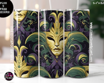 Mardi Gras Tumbler Sublimation Design: New Orleans Mask, Glitter (Digital Download)
