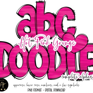 Paquete de alfabeto PNG de letras de garabato rosa caliente, alfabeto dibujado a mano, alfabeto de sublimación digital PNG, DTF imprimible, alfabeto grunge rosa caliente