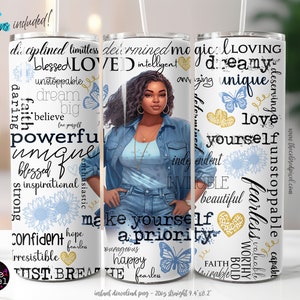 Positive Affirmations 20 oz Skinny Tumbler Schwarze Frau Sublimationsdesign, Digital Download PNG, Inspirational Butterfly Love yourself v3