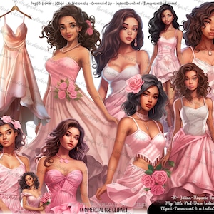 Clipart donne ispaniche, download di sublimazione, clipart vestito rosa per ragazze ispaniche, clipart per adesivo Planner, clipart latina rosa