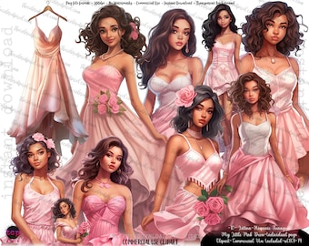 Hispanic Girls Clipart: Pink Dress Latina PNG (Digital Download)