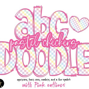 Pastel Checker Doodle Letters PNG Alphabet Bundle, Hand Drawn Alpha Pack, Digital Sublimation Alphabet PNG, DTF Printable, Pink Outlines