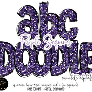 Alfabeto de lantejoulas roxas desenhado à mão Doodle Alpha Pack, sublimação digital, DTF imprimível, alfabeto de doodle desenhado à mão, lantejoulas com glitter roxo