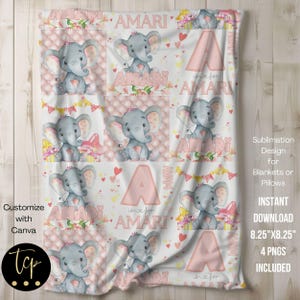 Rosa Elefant-Babydecke png, Sublimationsdesign für Babydecke oder Kissen, sofortige digitale Vorlage 8,25 "x 8,25" bearbeitet mit Canva