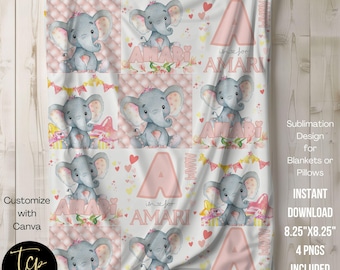Pink Elephant Baby Blanket Sublimation Design (8.25"x8.25") (PNG) (Canva Template)