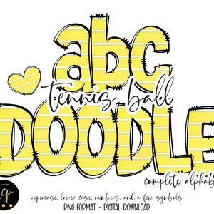 Bola de tênis Doodle letras PNG pacote de alfabeto, pacote alfa desenhado à mão, download digital de alfabeto de sublimação PNG, DTF imprimível, bola de tênis
